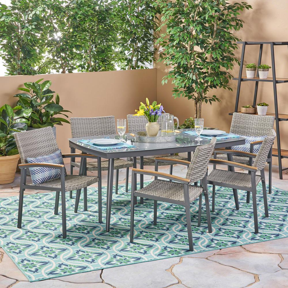 Gray Aluminum Patio Dining Furniture The Liverpool Gray 7 Piece Aluminum And Wicker Outdoor Dining Set With