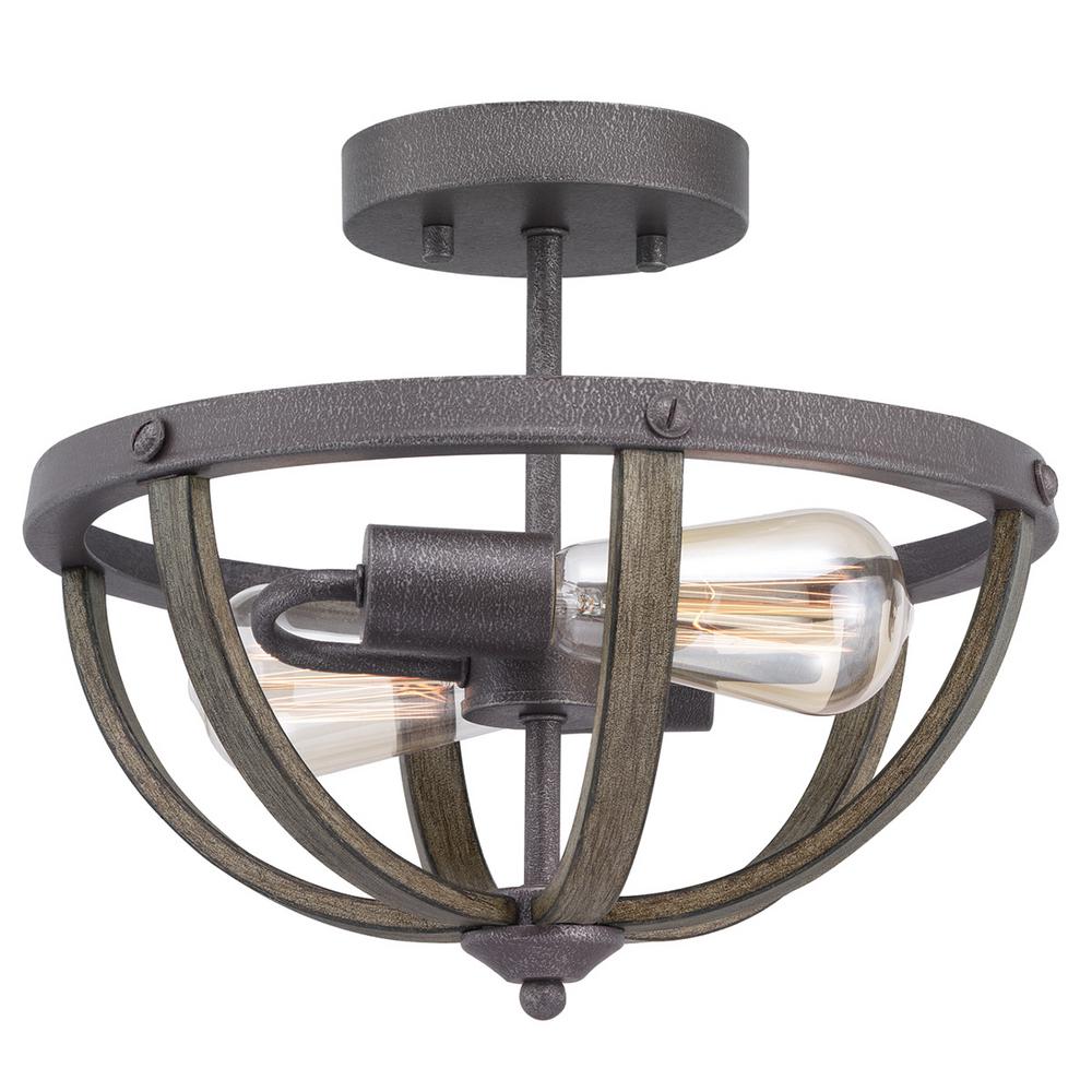 Progress Lighting Keowee 13 in. 2-Light Artisan Iron Semi-Flush Mount with Elm Wood Accents