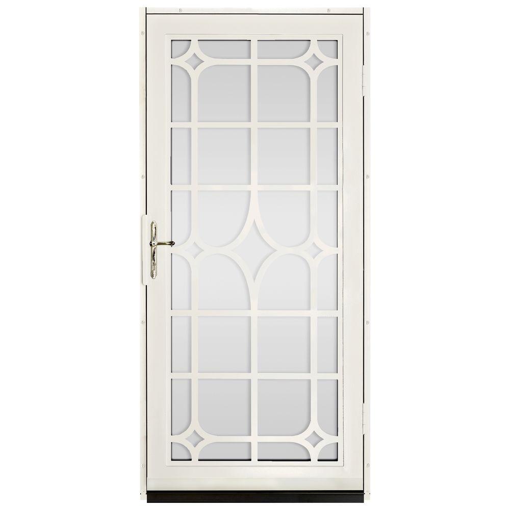 Unique Home Designs 36 In X 80 In Lexington Almond Surface Mount Steel Security Door With Shatter Resistant Glass And Nickel Hardware