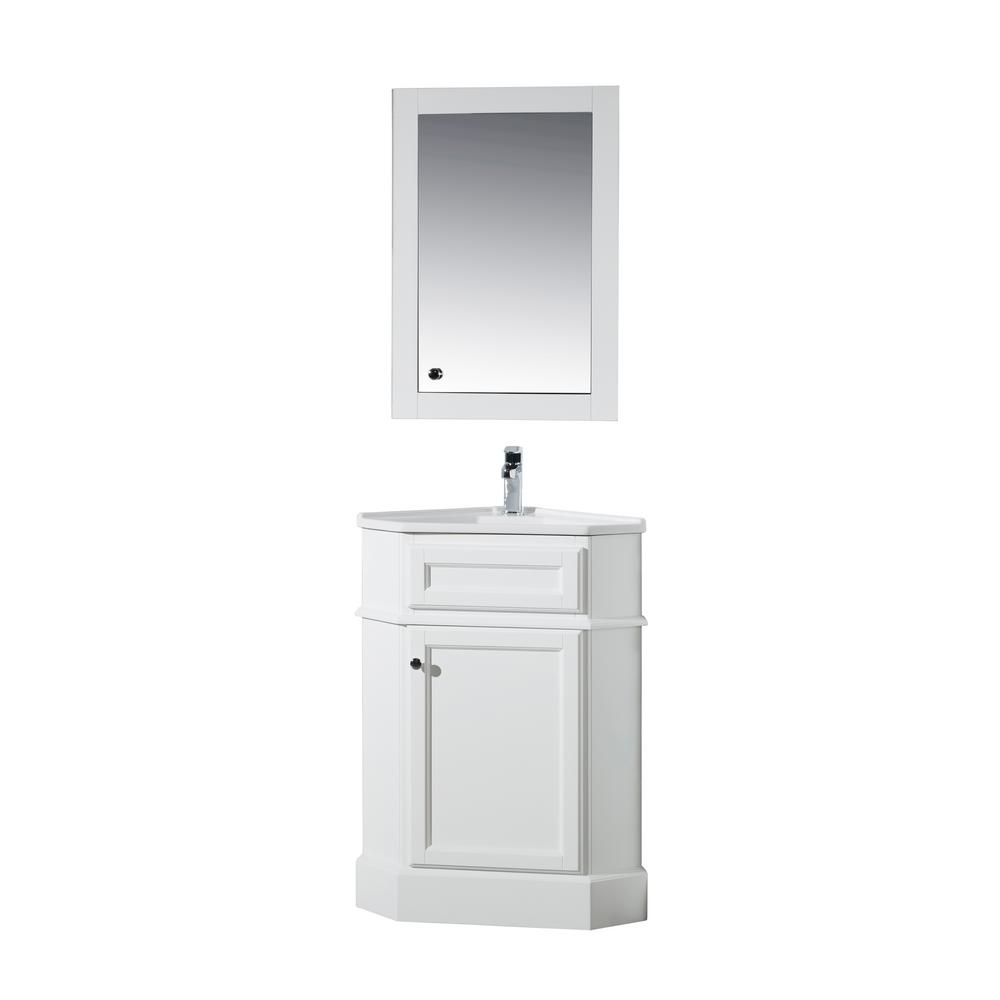 Hampton 27 In W Corner Vanity In White With Porcelain Vanity Top In White With White Basin And Mirror Cabinet