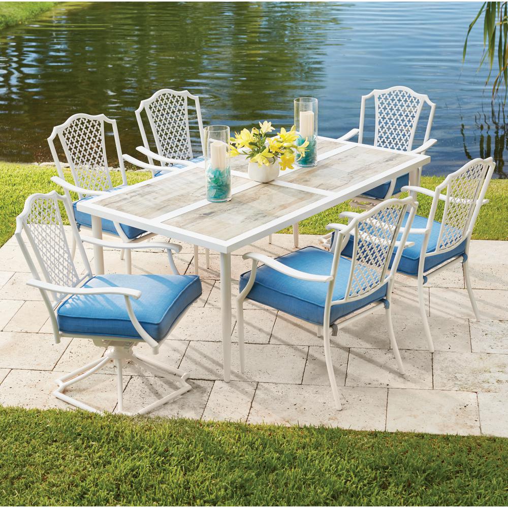 Hampton Bay Alveranda 7 Piece Metal Outdoor Dining Set With Periwinkle Cushions