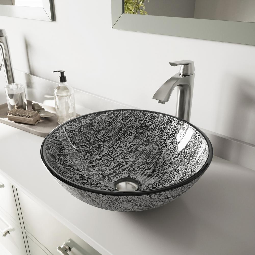 Vigo Glass Vessel Sink In Titanium And Linus Faucet Set In Brushed Nickel