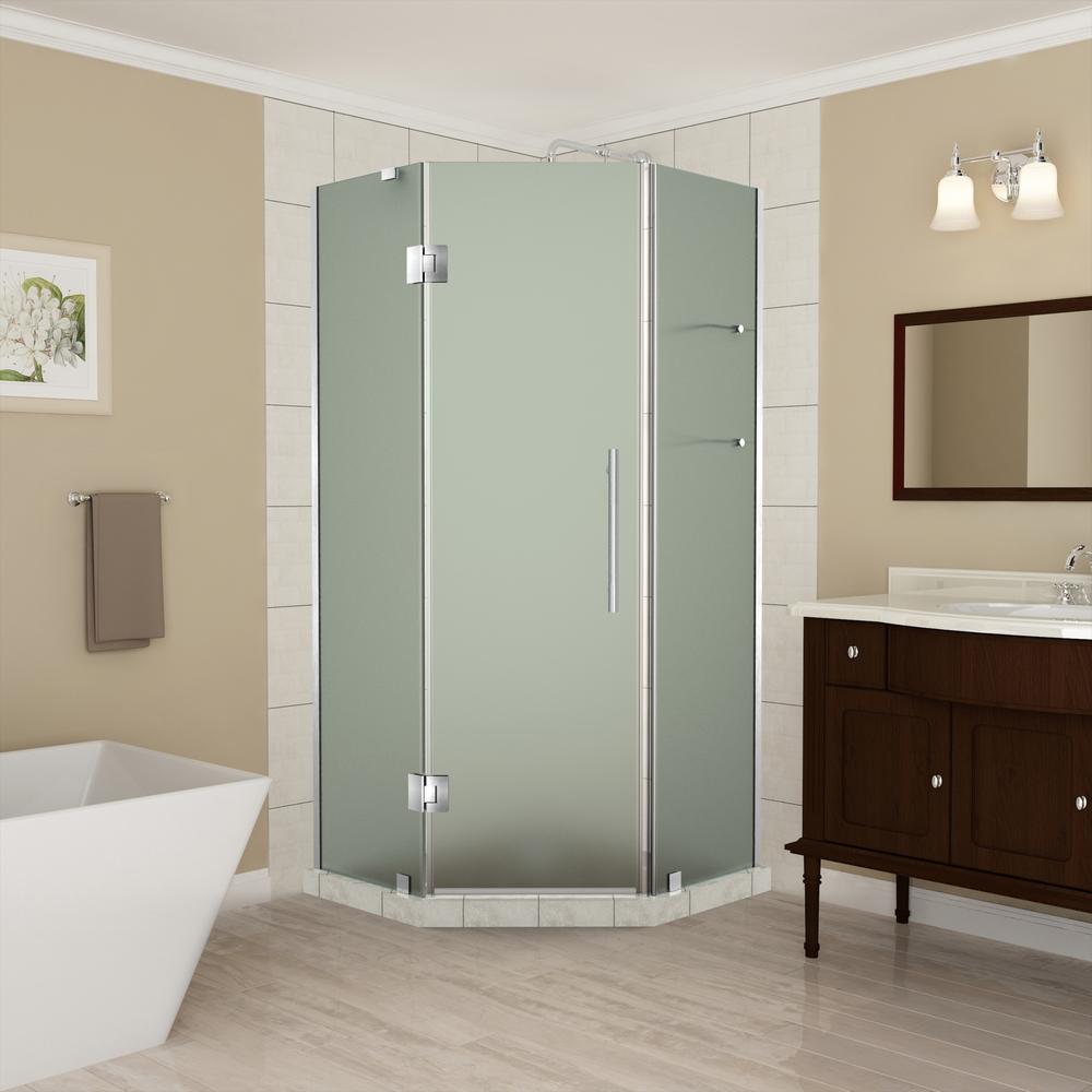 Aston 36 To 5 In X 72 Frameless Hinged Neo Angle Shower Enclosure With Frosted Glass And Shelves Stainless Steel