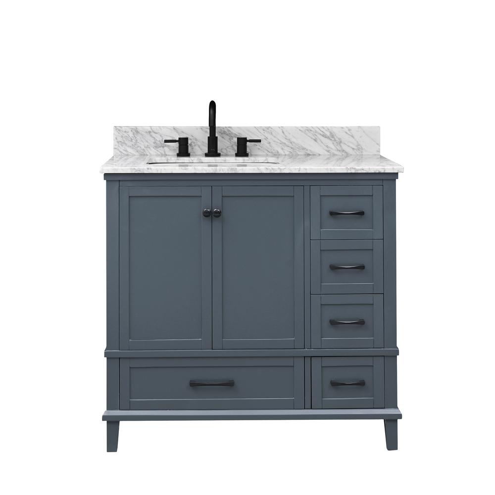 Home Decorators Collection Merryfield 37 in. W x 22 in. D x 35 in. H Bathroom Vanity in Dark Gray with Carrara White Marble Top