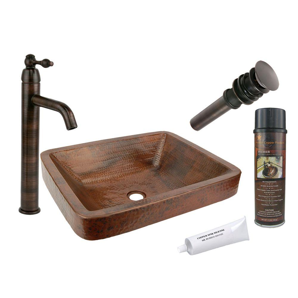 Premier Copper Products All In One Rectangle Skirted Vessel Hammered Copper Bathroom Sink In Oil Rubbed Bronze