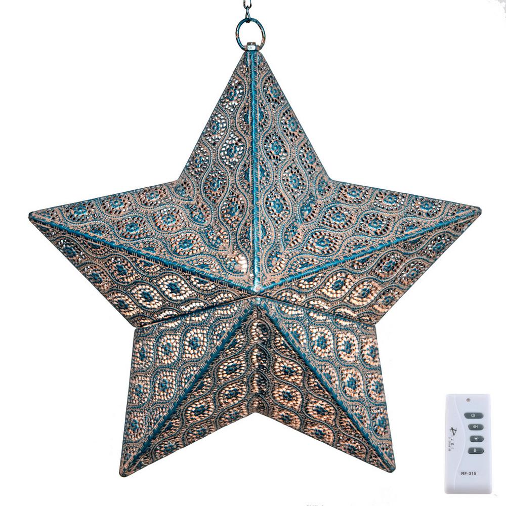 Battery Remote Control Included Outdoor Lighting Outdoor Turquoise Integrated Led Hanging Lantern With Punched Metal Design