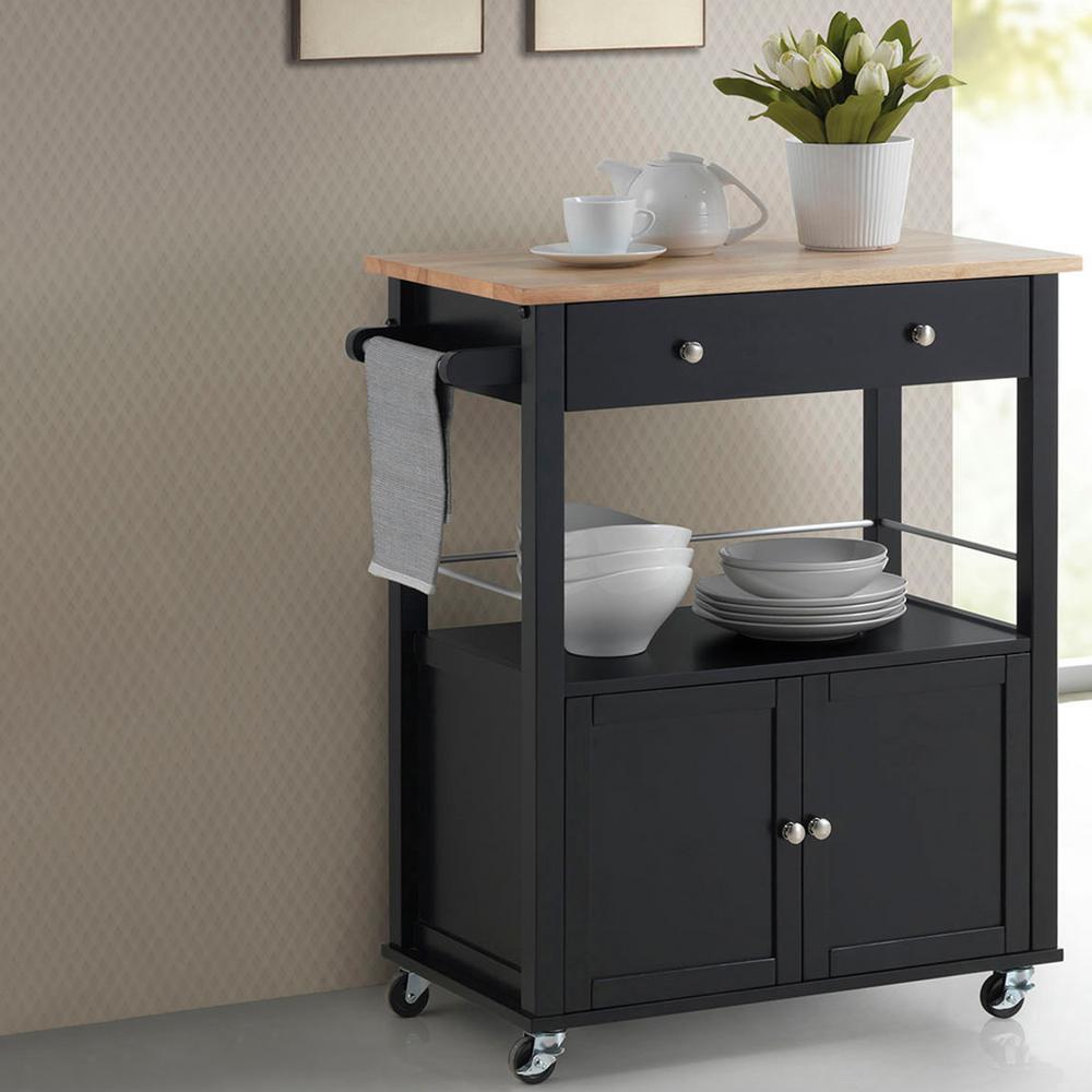 Baxton Studio Denton Black Kitchen Cart With Wood Top 28862 6120