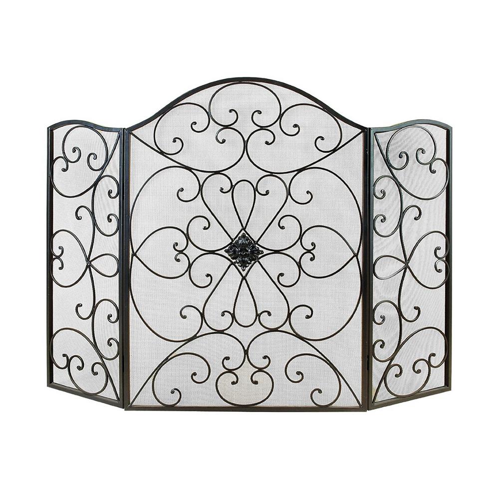 Benzara Scroll Patterned Black Metal 3 Panel Fireplace Screen With