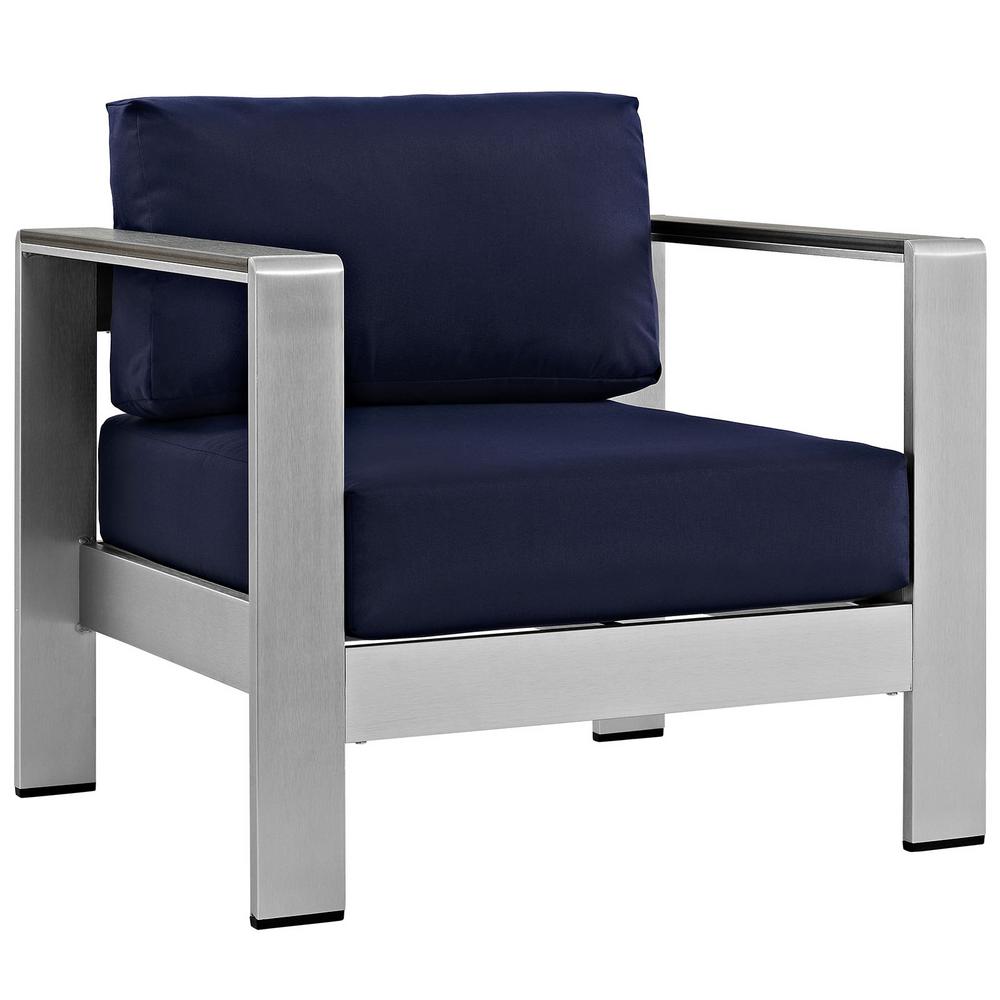 MODWAY Shore Outdoor Patio Aluminum Lounge Chair in Silver with Navy