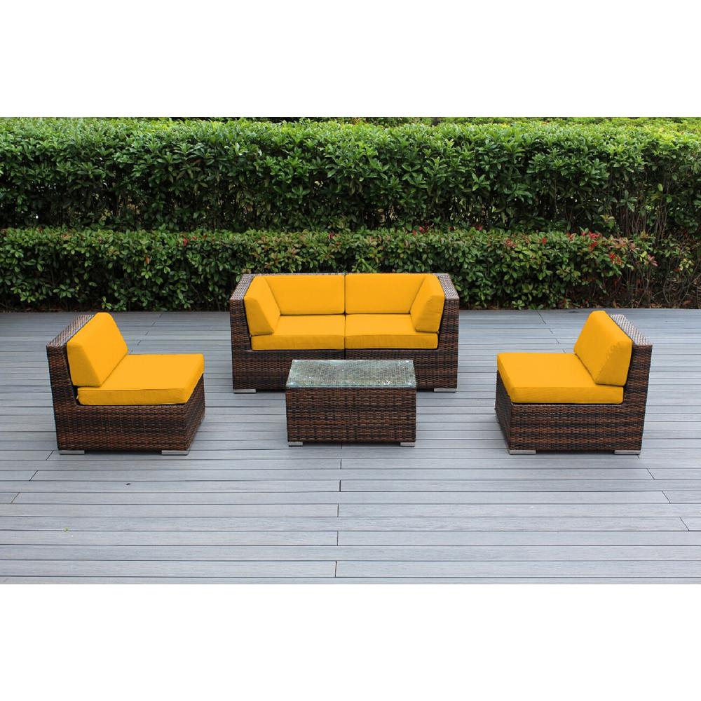 Ohana Depot Ohana Mixed Brown 7 Piece Wicker Patio Seating Set With Sunbrella Sunflower Yellow Cushions Pn0704amb Syl The Home Depot