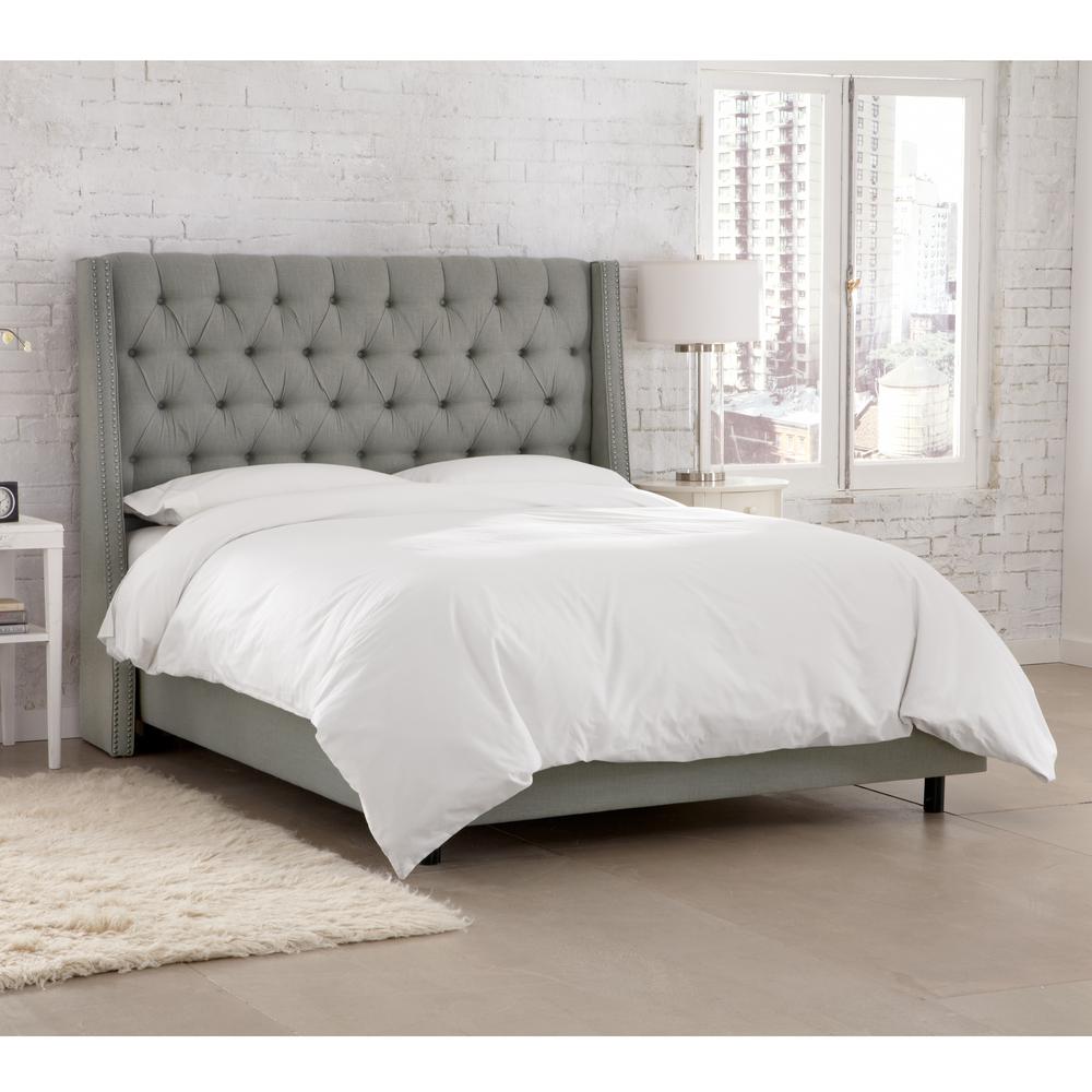 Linen Grey Queen Nail Button Tufted Wingback Bed-122NBBEDPWLNNGR - The