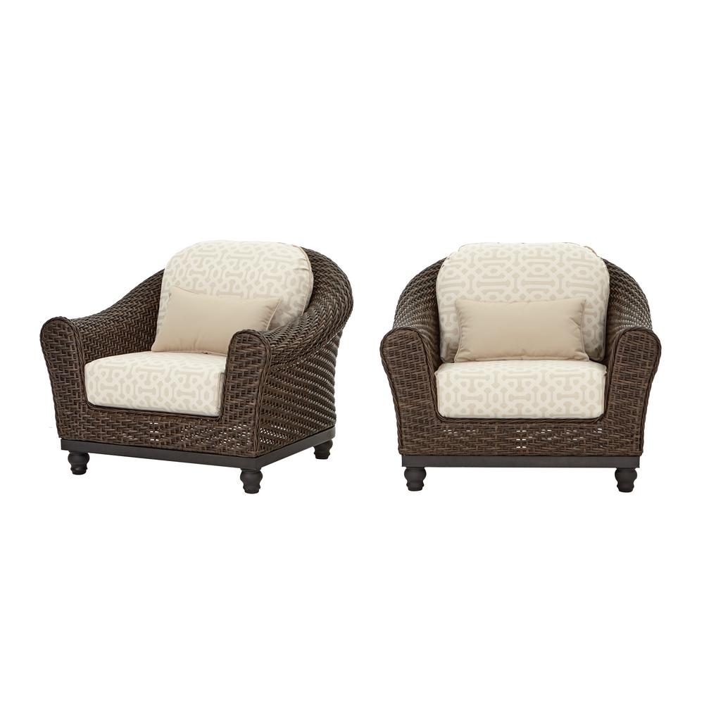 Camden Dark Brown Stationary Wicker Outdoor Lounge Chair With Sunbrella Fretwork Flax Cushions 2 Pack