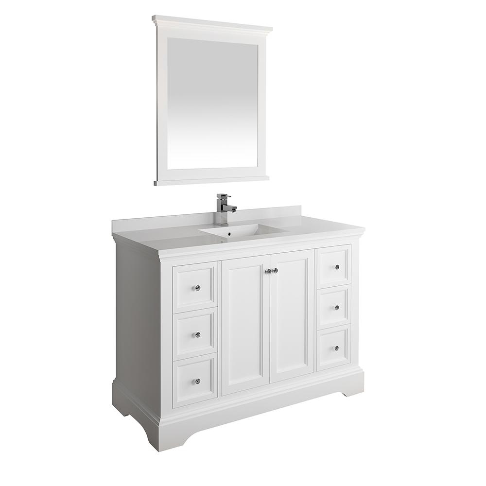 Fresca Windsor 48 In W Traditional Bath Vanity Matte White With Quartz Stone Top Basin Mirror