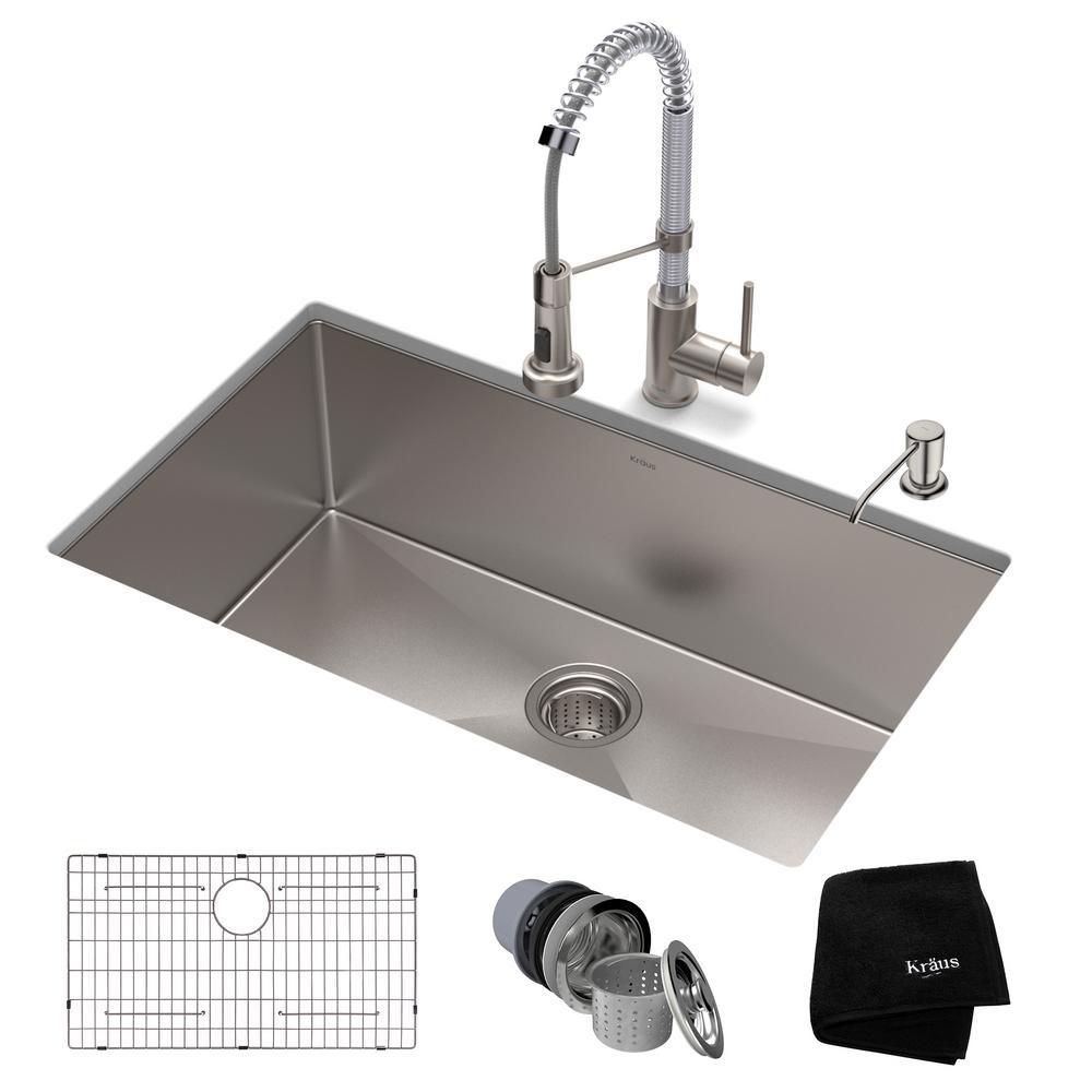 Kraus Standart Pro All In One Undermount Stainless Steel 32 In Single Bowl Kitchen Sink With Faucet In Stainless Steel Chrome Khu100 32 1610 53ssch