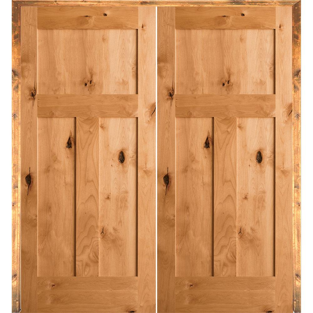 Krosswood Doors 48 In X 80 In Rustic Knotty Alder 3 Panel Right Handed Solid Core Wood Double Prehung Interior French Door