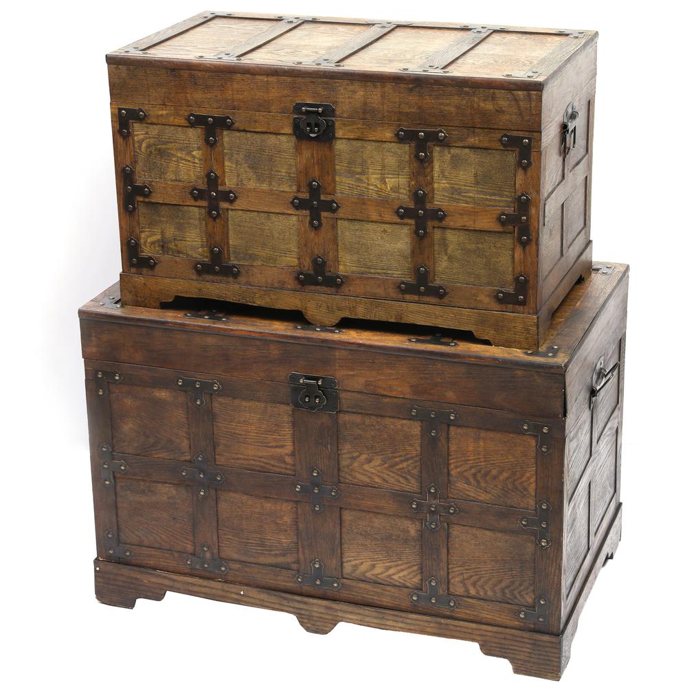 Vintiquewise Rustic Natural Wooden Streamer Trunk With Studded Detail Set Of 2