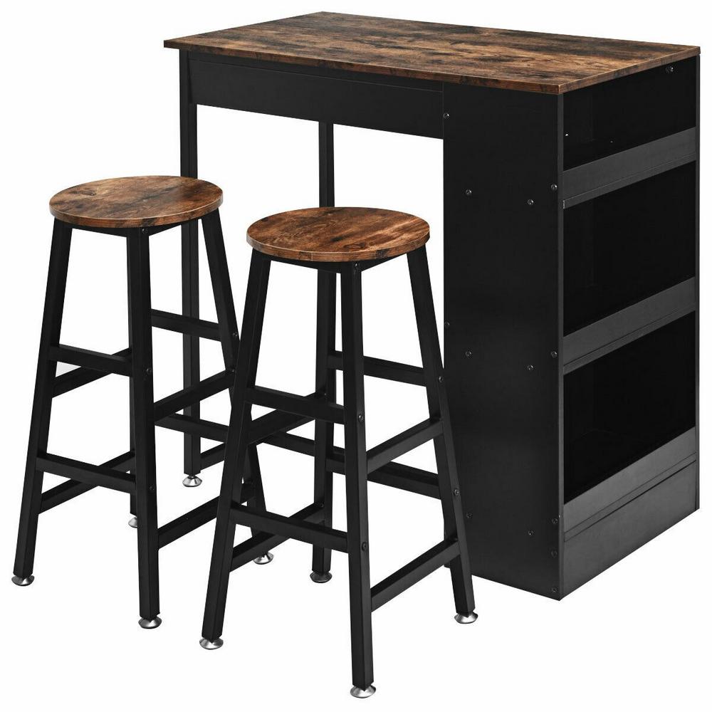 Boyel Living 3 Pieces Industrial Style Multifunctional Bar Table Set With Storage Brown HYSN 64298BN The Home Depot