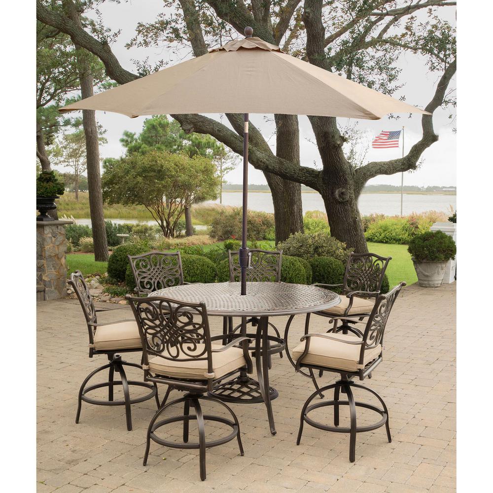 Hanover 7 Piece Outdoor Aluminum High Dining Set With Round Cast Table Swivels Umbrella And Base With Natural Oat Cushions Traddn7pcbr Su The Home Depot
