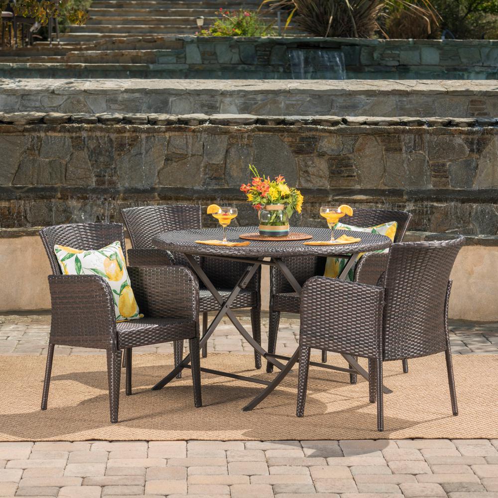 Noble House Jefferson Multi-Brown 5-Piece Wicker Round Outdoor Dining ...