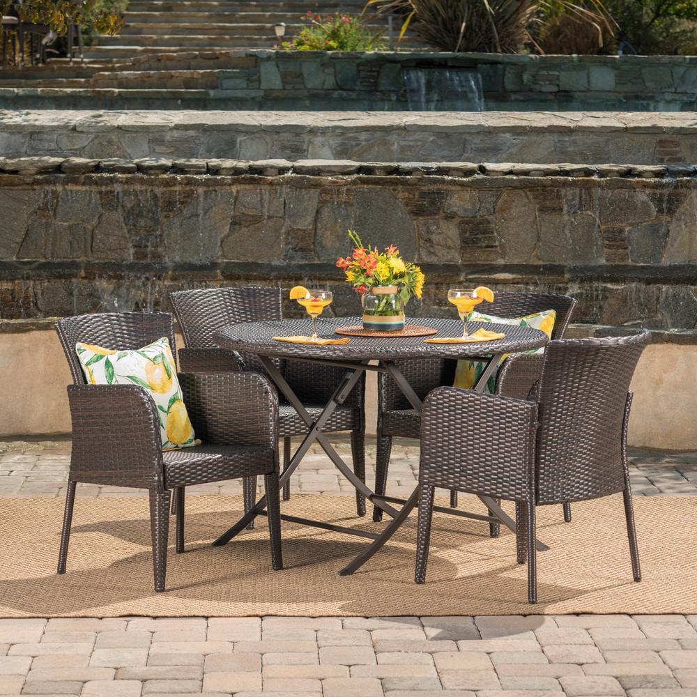 Noble House Jefferson Multi-Brown 5-Piece Wicker Round Outdoor Dining