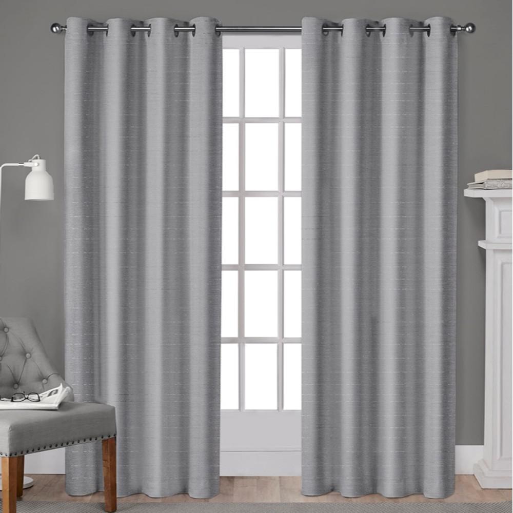 Whitby Silver Metallic Slub Yarn Textured Silk Look Grommet Top Window Curtain