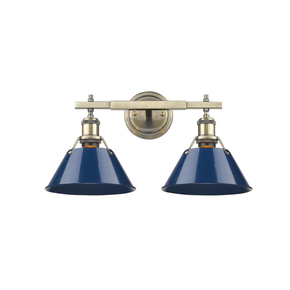 Golden Lighting Orwell Ab 2 Light Aged Br Bath With Navy Golden Lighting Orwell Ab 2 Light Aged Br Bath With Navy Blue Shade