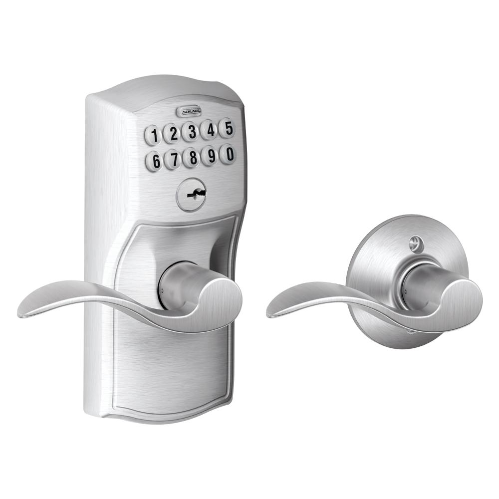 Schlage Accent Satin Chrome Keypad Electronic Door Lever With Camelot 