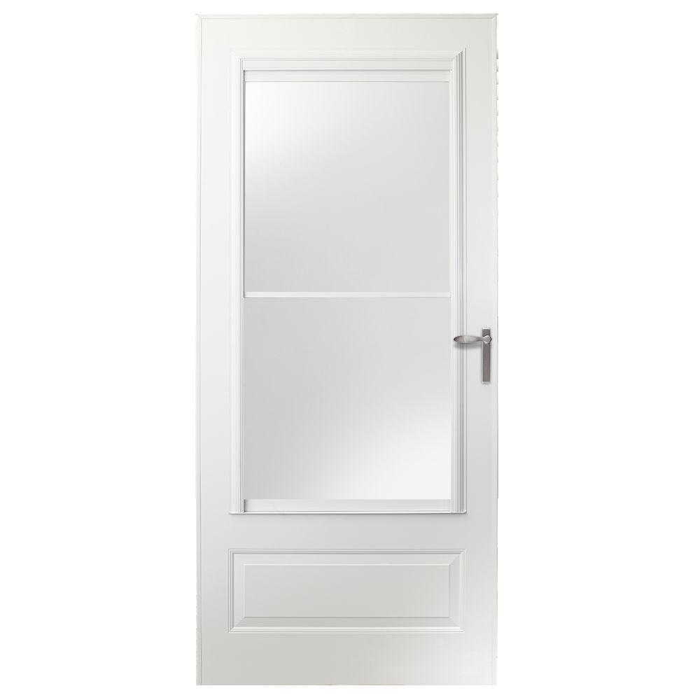 Emco 32 In X 80 In 400 Series White Universal Self Storing Aluminum Storm Door With Nickel Hardware E4sn32wh The Home Depot