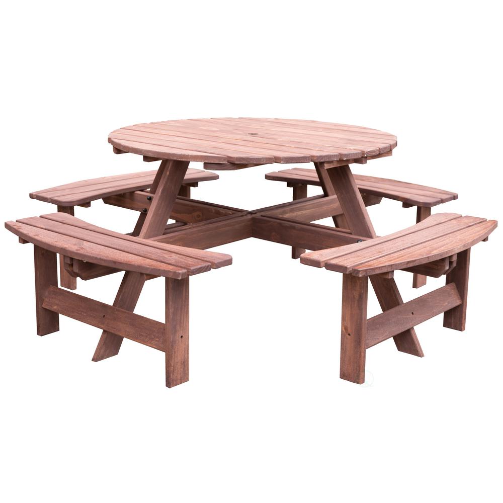 8 Person Brown Round Wooden Outdoor Patio Deck Garden Picnic Table