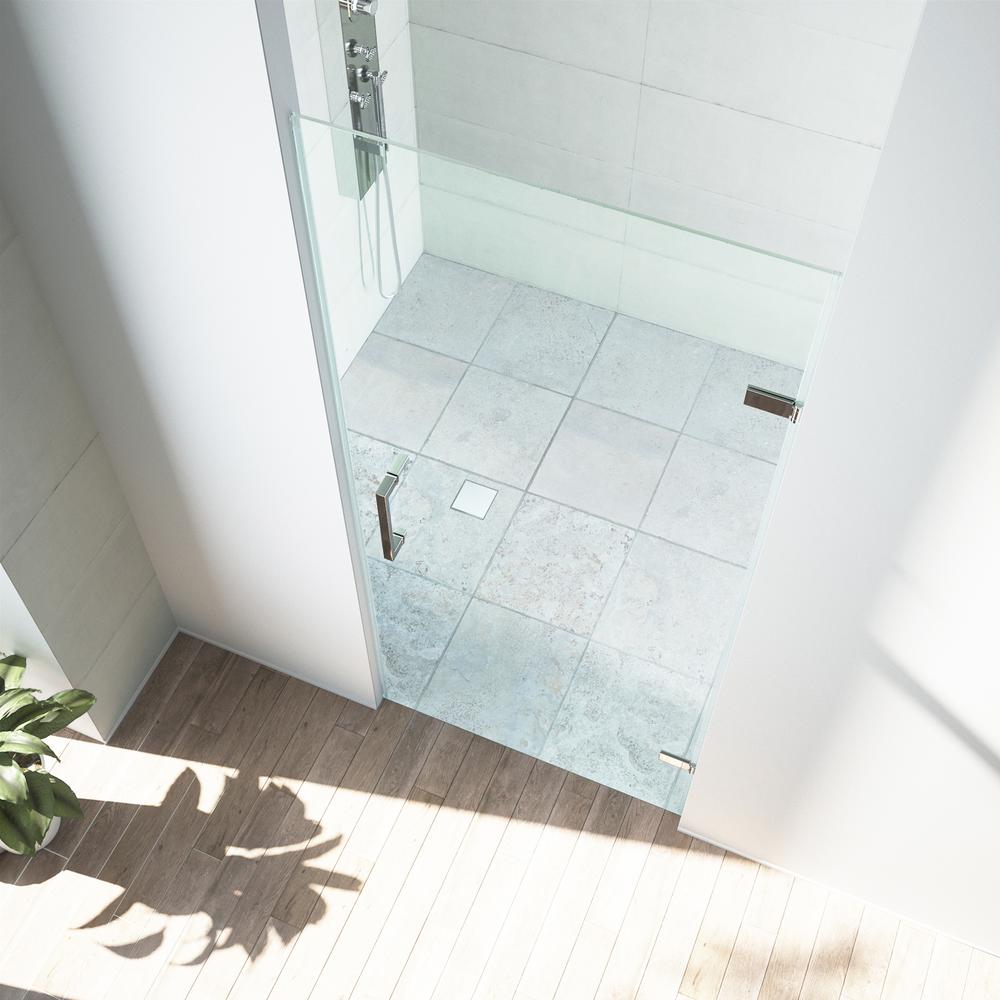Vigo Soho 28 To 28 1 2 In X 70 625 In Frameless Hinged Shower Door In Chrome With Clear Glass And Handle Vg6072chcl28 The Home Depot