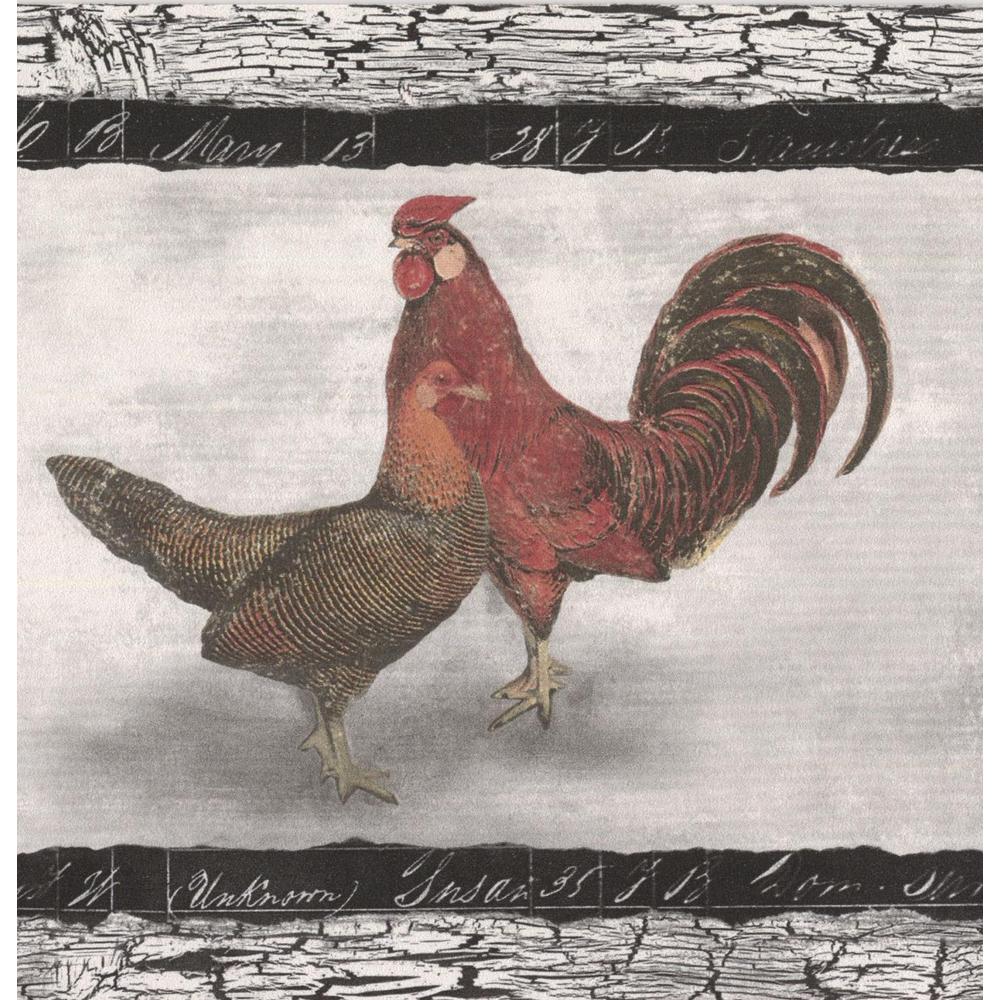 Norwall Red Rooster Speckled Hen White Grey Prepasted Wallpaper Norwall Red Rooster Speckled Hen White