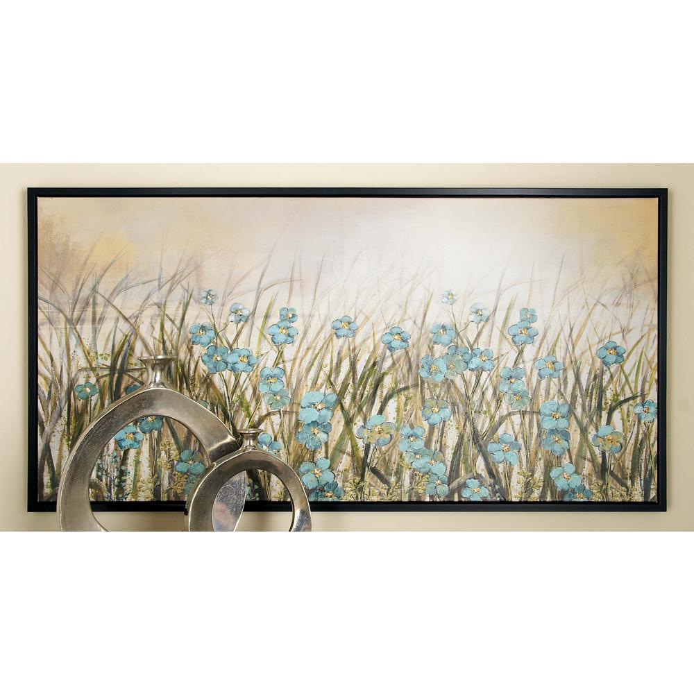Litton Lane 27 In X 55 In Framed Blue Flowers Wall Art In Brown Canvas 43965 The Home Depot