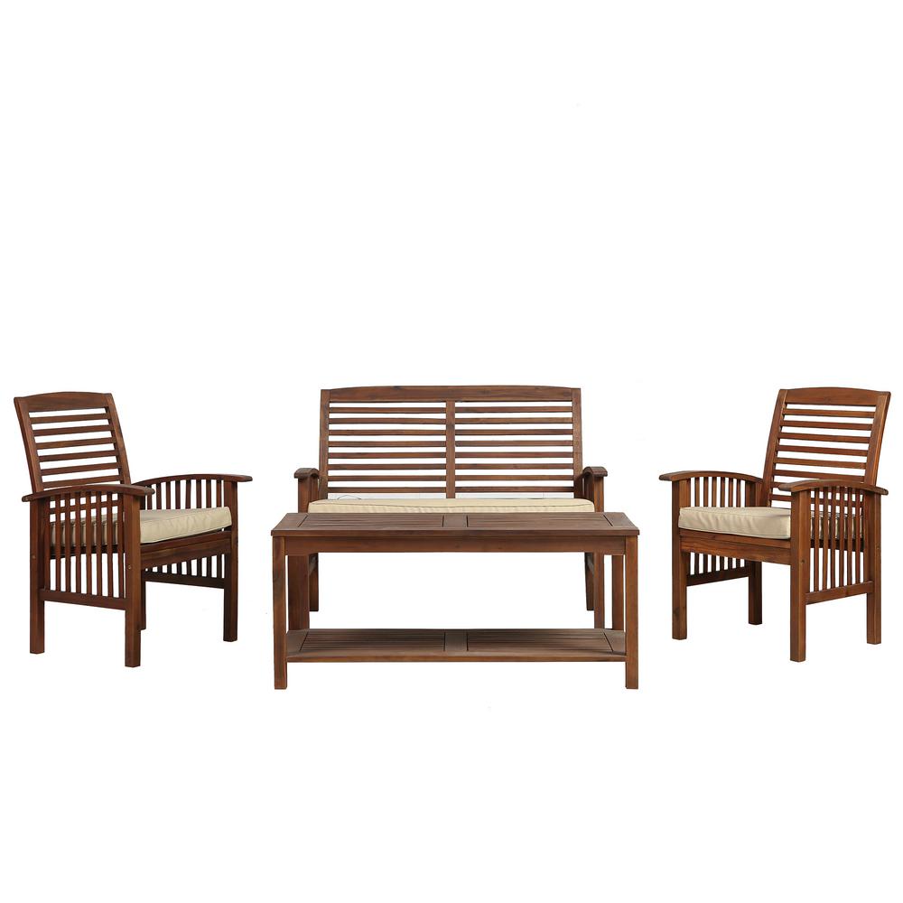 Walker Edison Furniture Company Patio Conversation Sets Boardwalk 4 Piece Dark Brown Acacia Outdoor Conversation Set With Cushions