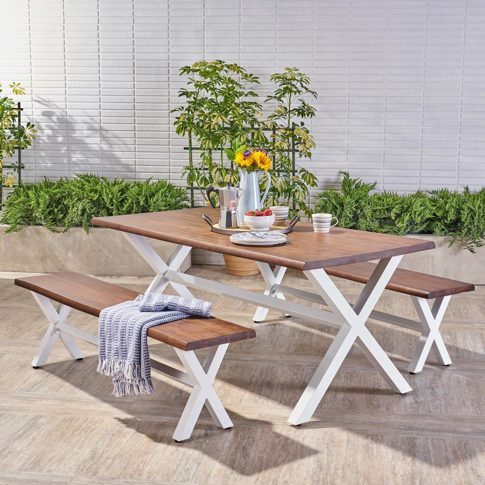 Noble House Cadiz Dark Oak and White 3Piece Wood Outdoor Dining Set