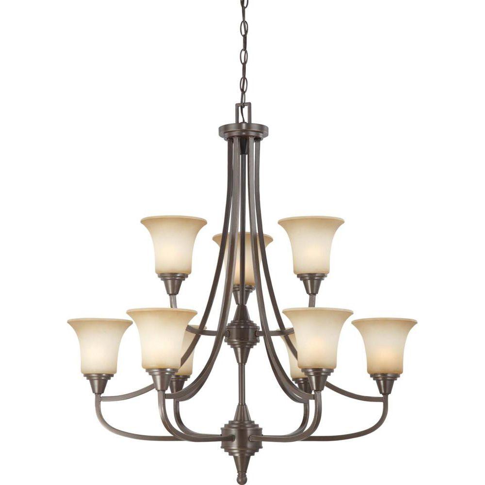 Glomar 9 Light Vintage Bronze 2 Tier Chandelier With Auburn Beige Glomar 9 Light Vintage Bronze 2 Tier Chandelier With Auburn Beige Glass Shade