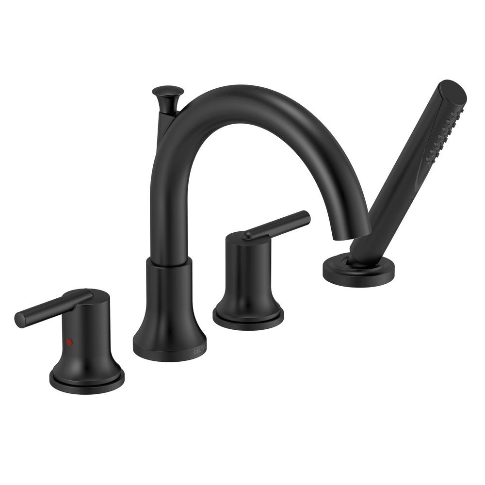 Delta Trinsic 2 Handle Deck Mount Roman Tub Faucet Trim Kit In Matte Black With Handheld Showerhead Valve Not Included