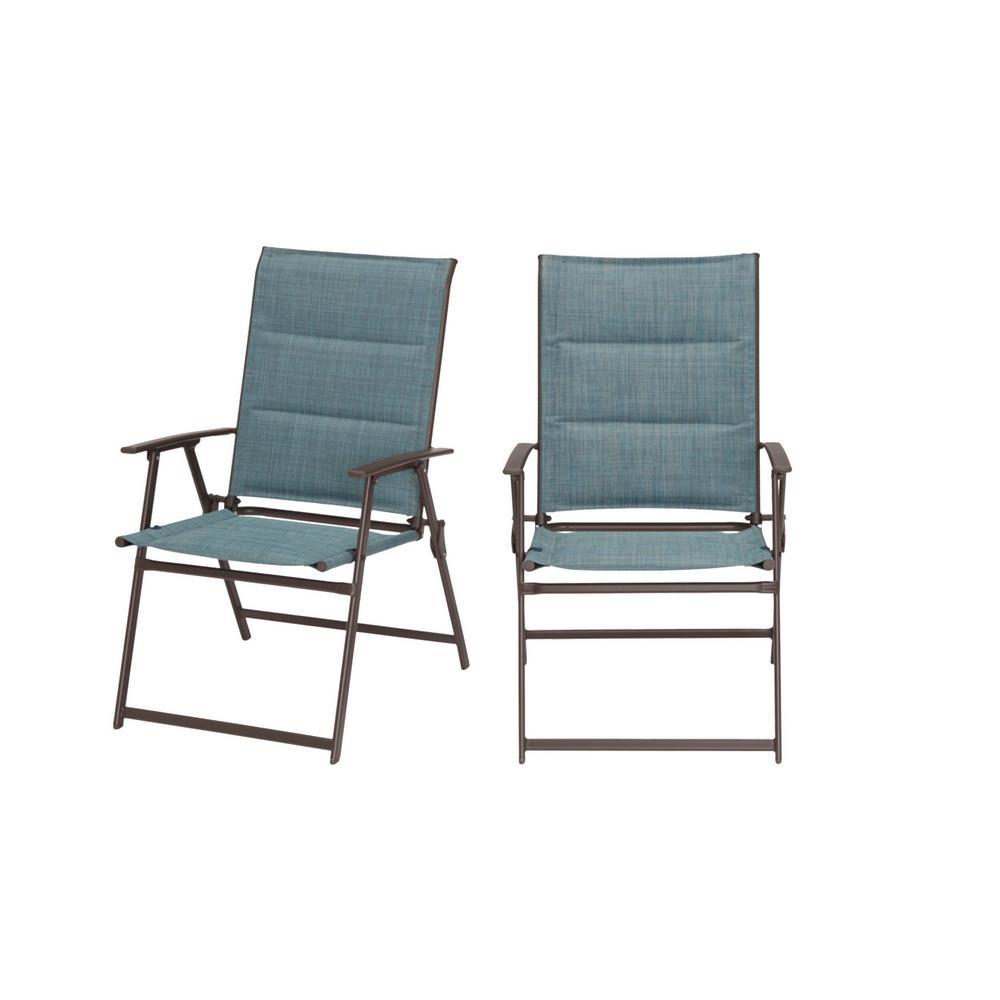 Hampton Bay Mix and Match Steel Padded Sling Folding Outdoor Patio Dining Chair in Conley Denim