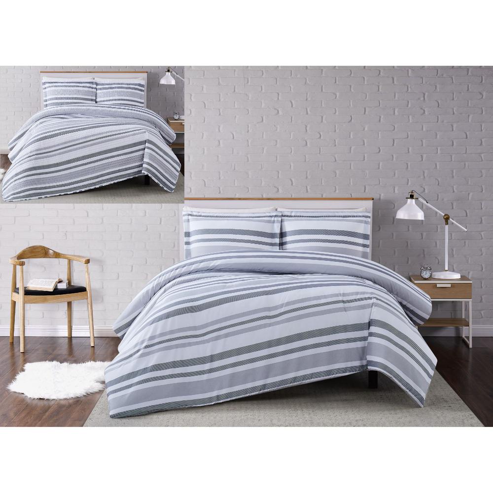 Truly Soft Curtis 3 Piece White Grey Stripe King Comforter Set