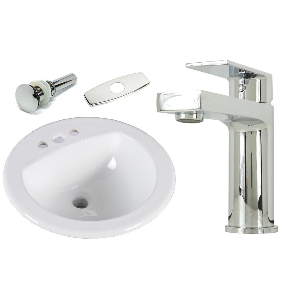 Kingsman Hardware 19 In Round Top Mount Self Rimming Drop In Ceramic Sink With Polished Chrome Bathroom Faucet Pop Up Drain Combo