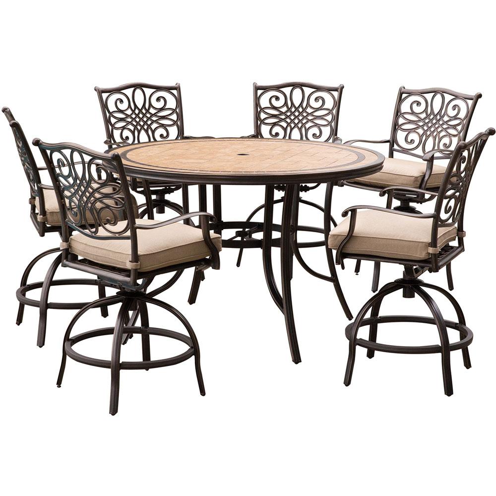 Hanover Monaco 7-Piece Aluminum Outdoor High Dining Set with Round Tile