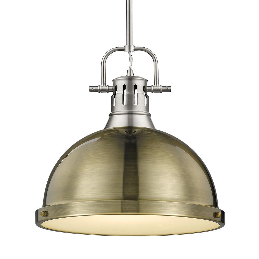 Golden Lighting Duncan 1 Light Pendant With Rod In Pewter With An Aged Brass Shade 3604 L Pw Ab