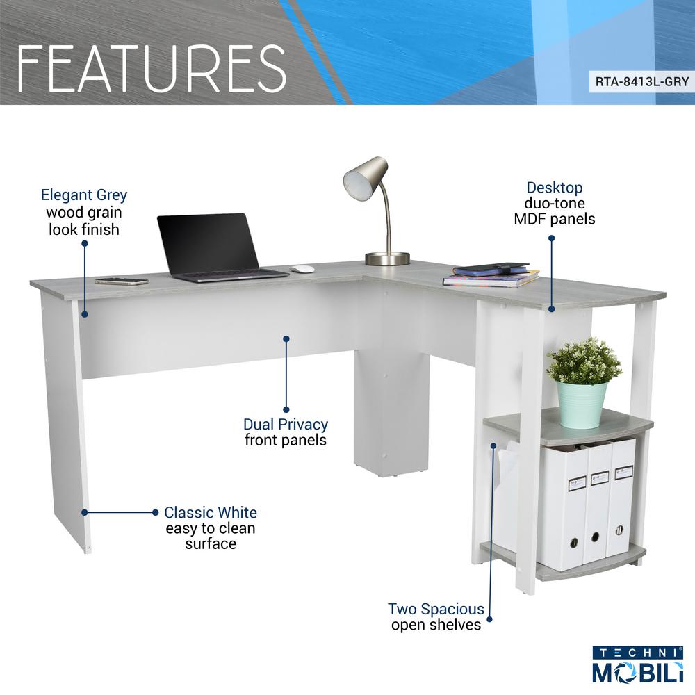 Techni Mobili Modern Grey L Shaped Desk With Side Shelves Rta
