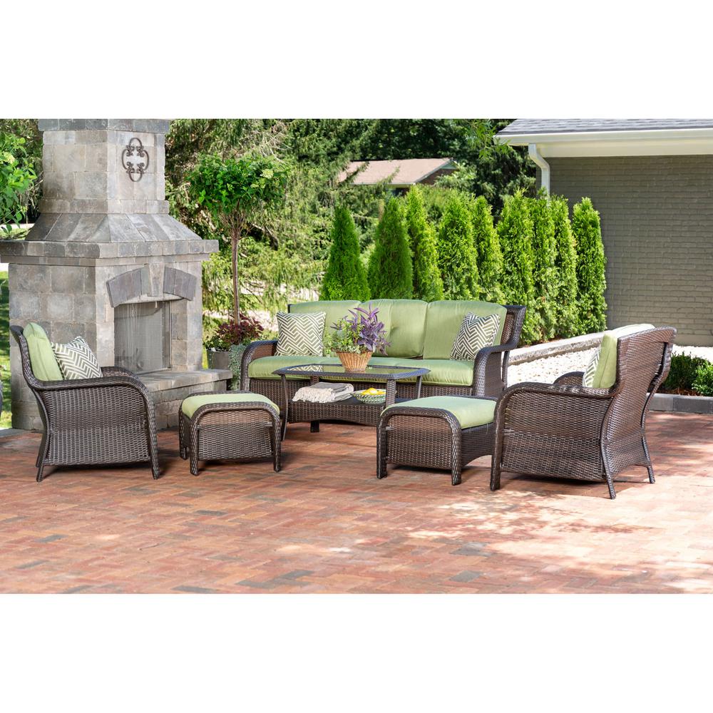 Hanover Strathmere 6 Piece Wicker Patio Conversation Set With Cilantro Green Cushions Strath6pc S Grn The Home Depot