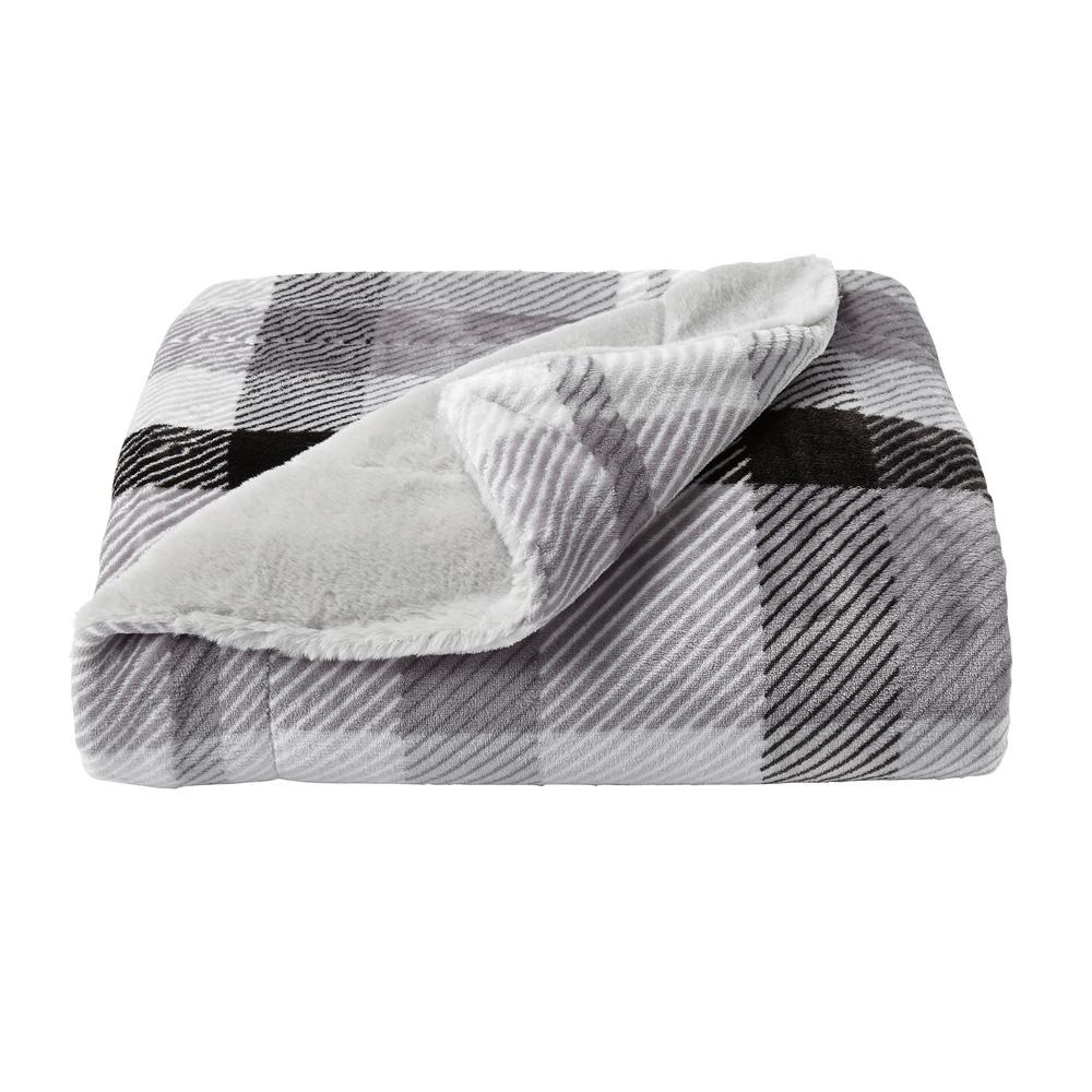 Lavish Home Oversized Faux Fur Phantom Grey Plaid Flannel