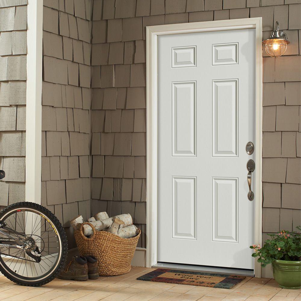 Masonite 36 In X 80 6 Panel Left Hand Inswing Primed White Smooth Fiberglass Prehung Front Door With Brickmold