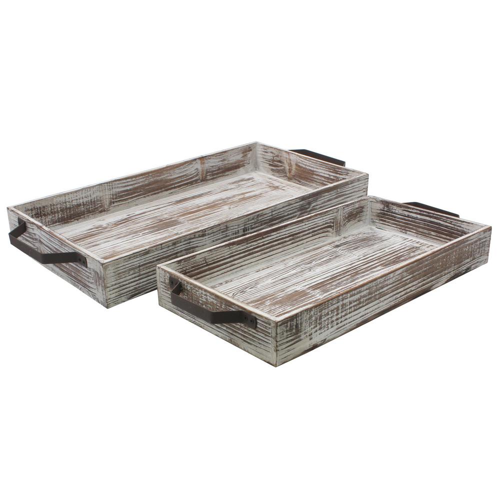 Stonebriar Collection White Wash Wooden Serving Tray Set With