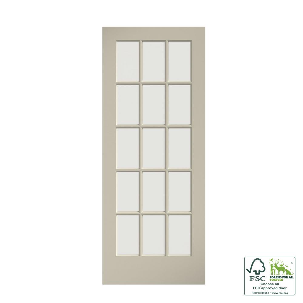 eightdoors 28 in. x 80 in. Clear Glass 15-Lite True Divided White Finished Solid French Interior Door Slab, White Painted