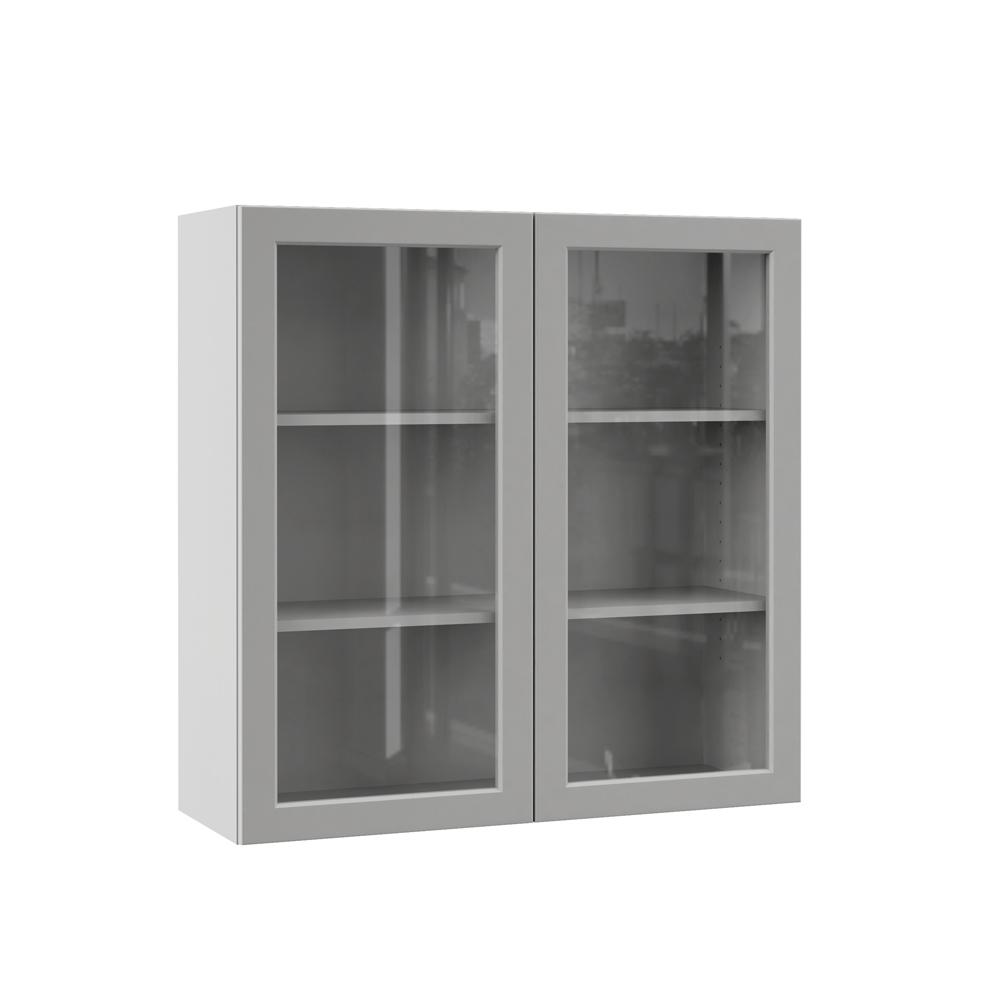 Hampton Bay Designer Series Melvern Assembled 36x36x12 In Wall Kitchen Cabinet With Glass Doors Heron Gray
