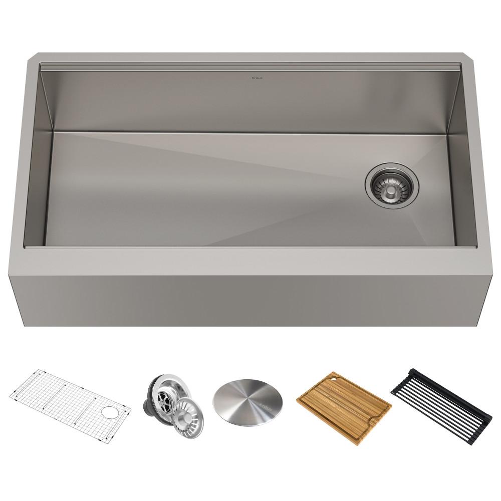 Photo 1 of KRAUS Kore Workstation 36inch Farmhouse Flat Apron Front 16 Gauge Single Bowl Stainless Steel Kitchen Sink with Accessories Pack of 5 Kraus KWF41036 KORE PREVIOUSLY OPENED NEW INCLUDED HARDWARE