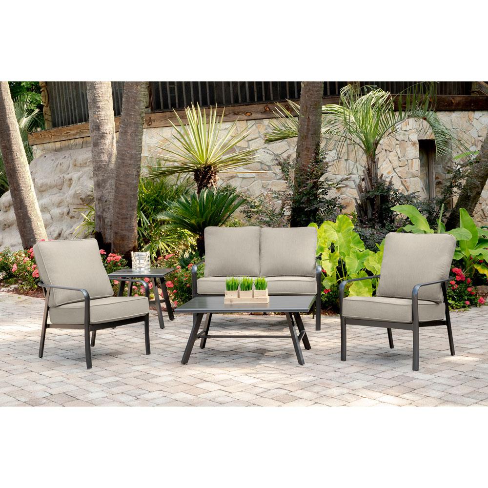 Hanover Cortino 5 Piece Commercial Rust Free Aluminum Patio Conversation Set With Sunbrella Tan Cushions Loveseat And Table Cort5pcl Ash The Home Depot